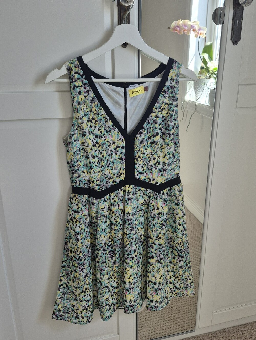 Max C  London Yellow Teal Black Splatter Paint Watercolour Mini Dress Small